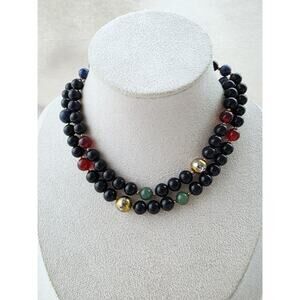New! Artisan Handmade Beaded Black Onyx Lapis Carnelian Necklace 14k Gold Filled